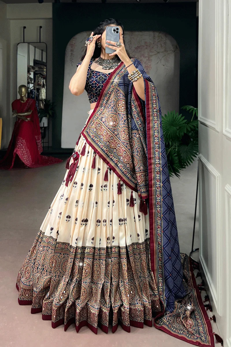 Traditional Ajrak print Off White Lehenga Choli For Wedding