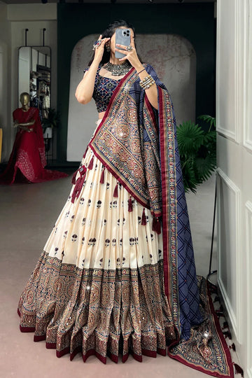 Traditional Ajrak print Off White Lehenga Choli For Wedding