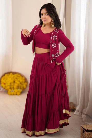 Fully Stitched Real Mirror Work Pink Color Lehenga Choli For Dandiya