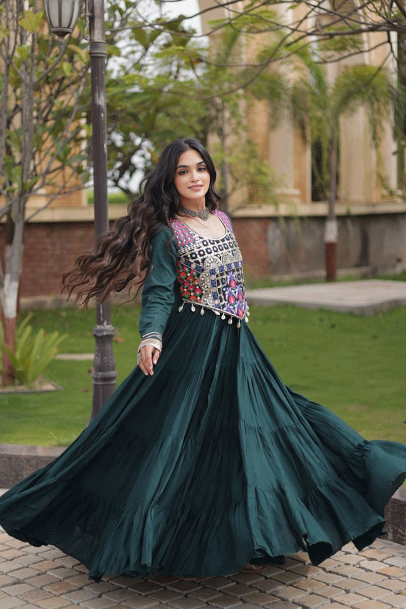 Navratri Special Real Mirror Work Green Color Gown For Women