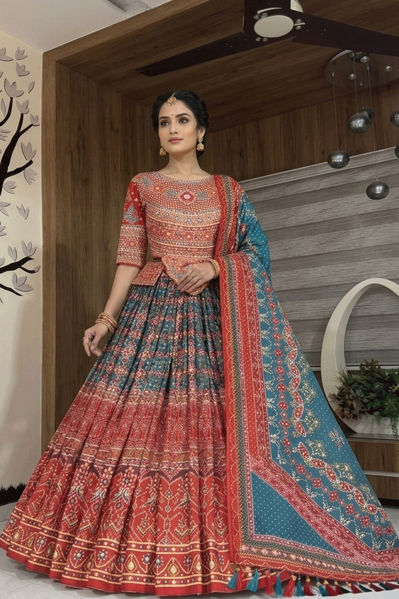 Designer Kutchi Printed With Real Mirror Work Multicolor Lehenga Choli For Navratri