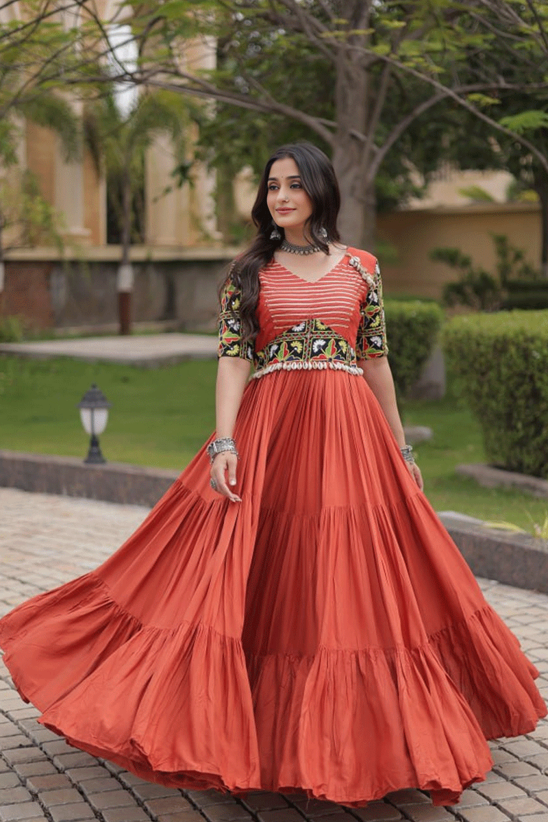 Embroidery With Real Mirror Work Heavy Flair Gown For Garba