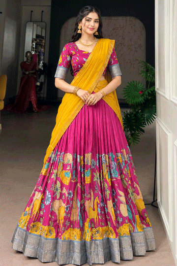 South Indian Style Kalamkari Print Multicolor Half Saree For Women