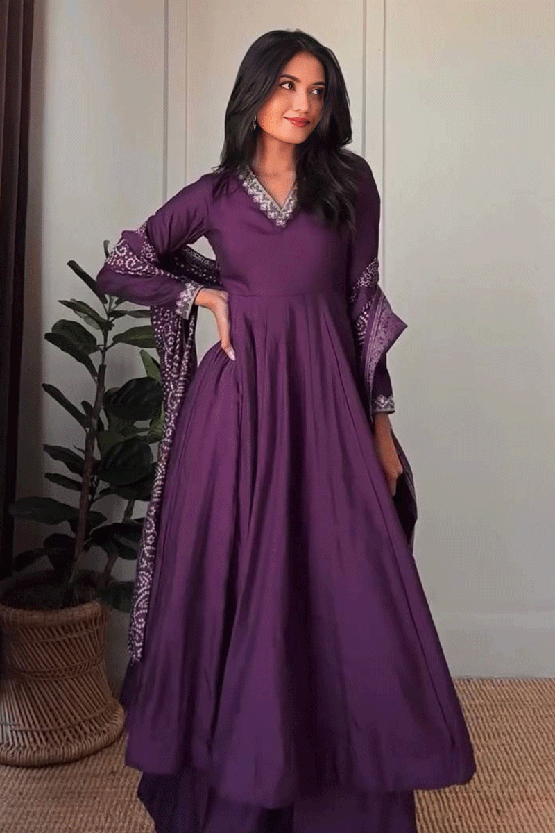 Wedding Wear Full Sleeves Purple Color Anarkali Suit