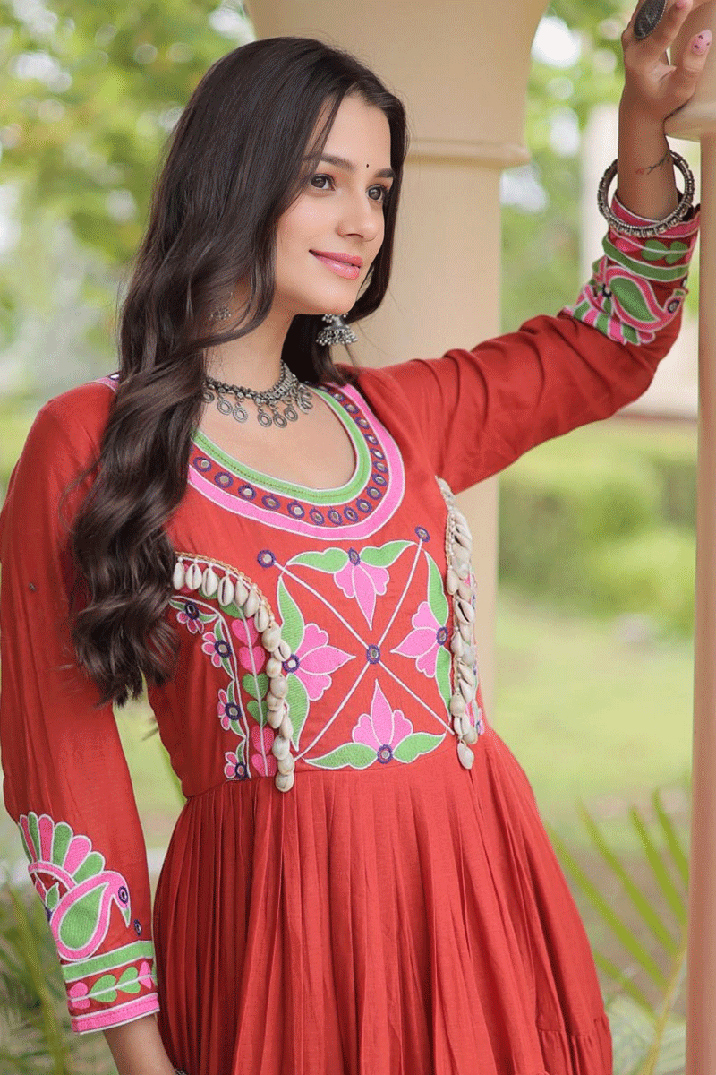 Latest Heavy Flair Embroidery Work Long Gown For Garba