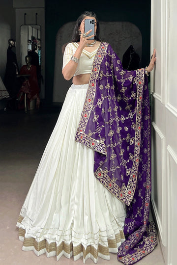 Traditional White Lehenga Choli with Embroidery Work Dupatta For Women