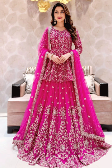 Karwa Chauth Look In Heavy Flair Pink Gown For Women