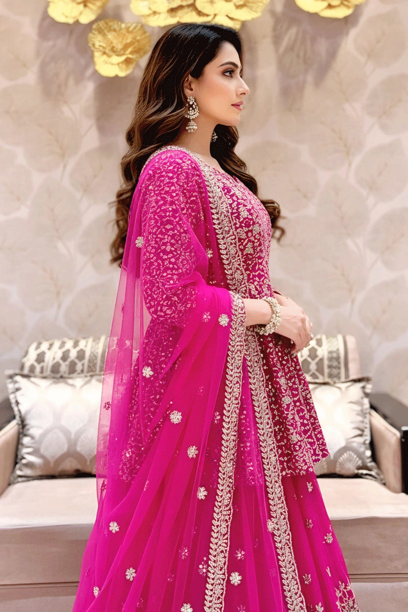 Karwa Chauth Look In Heavy Flair Pink Gown For Women
