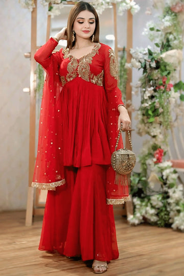 Designer Red Sharara Suit For Karwa Chauth Festival - Anaya Designer Studio Dark Red / M Designer Red Sharara Suit For Karwa Chauth Festival - Anaya Designer Studio Dark Red / M