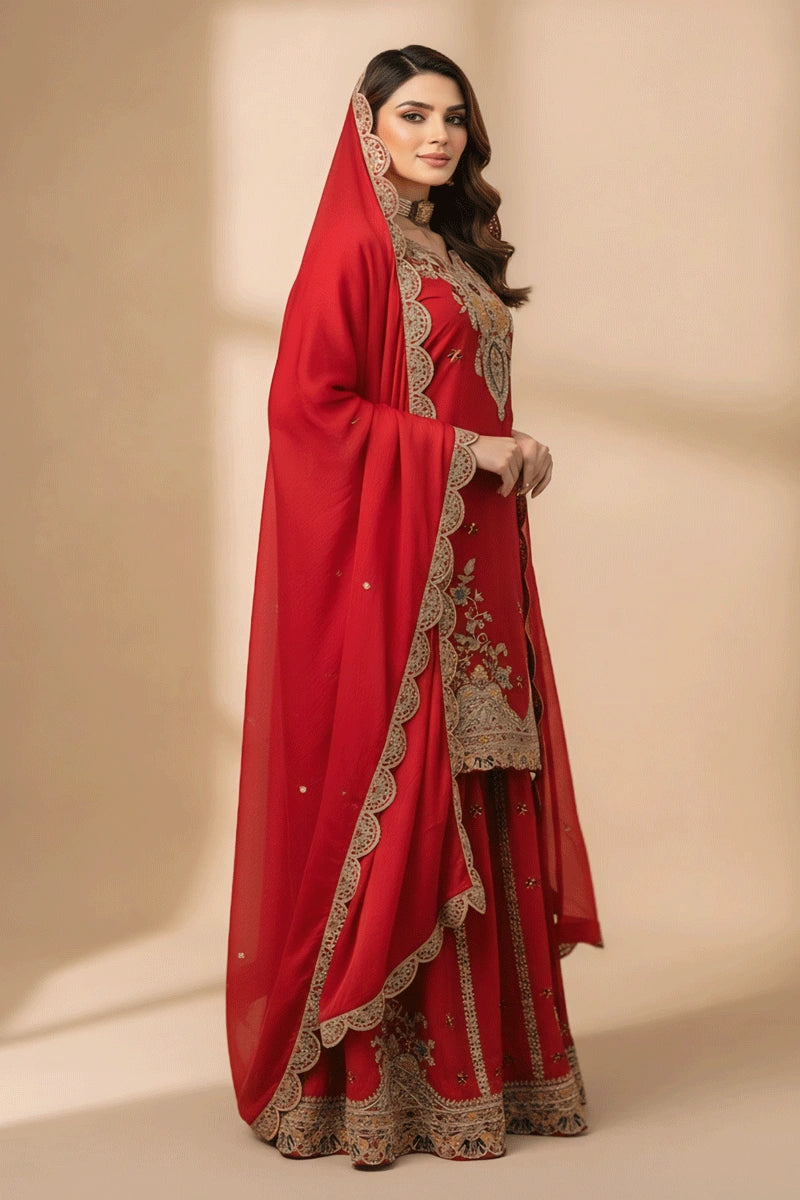 Embroidery Work Red Color Sharara Suit For Wedding