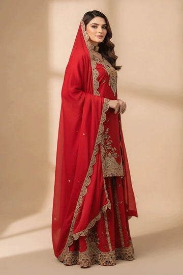 Embroidery Work Red Color Sharara Suit For Wedding