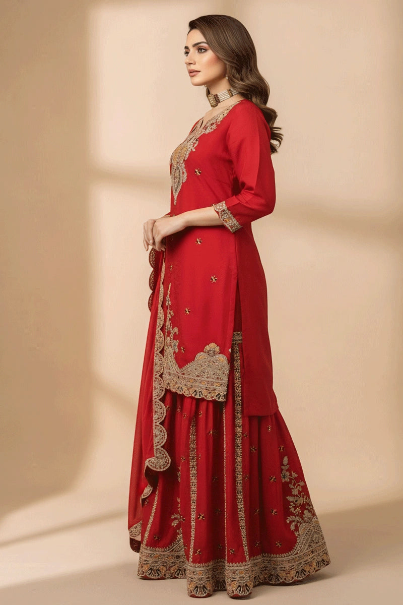 Embroidery Work Red Color Sharara Suit For Wedding
