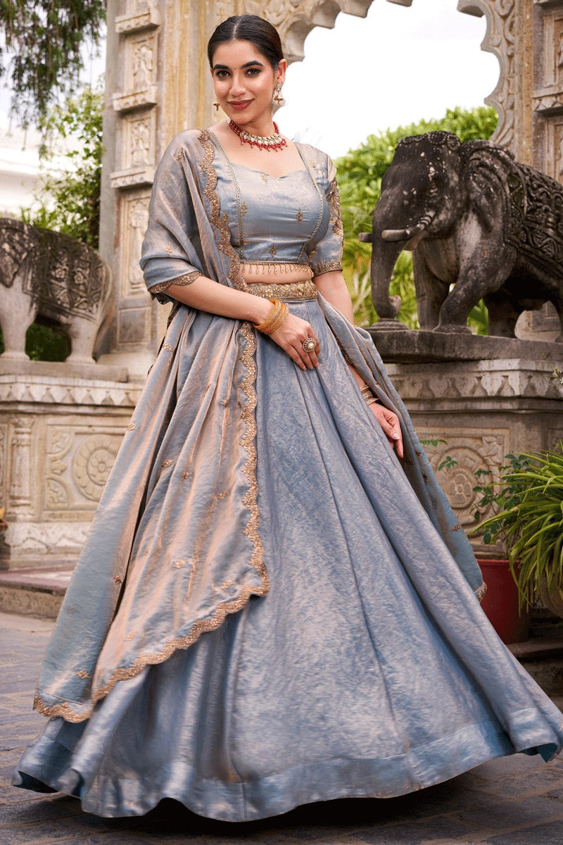 Sky Blue Color Embroidery Work Lehenga Choli For Wedding