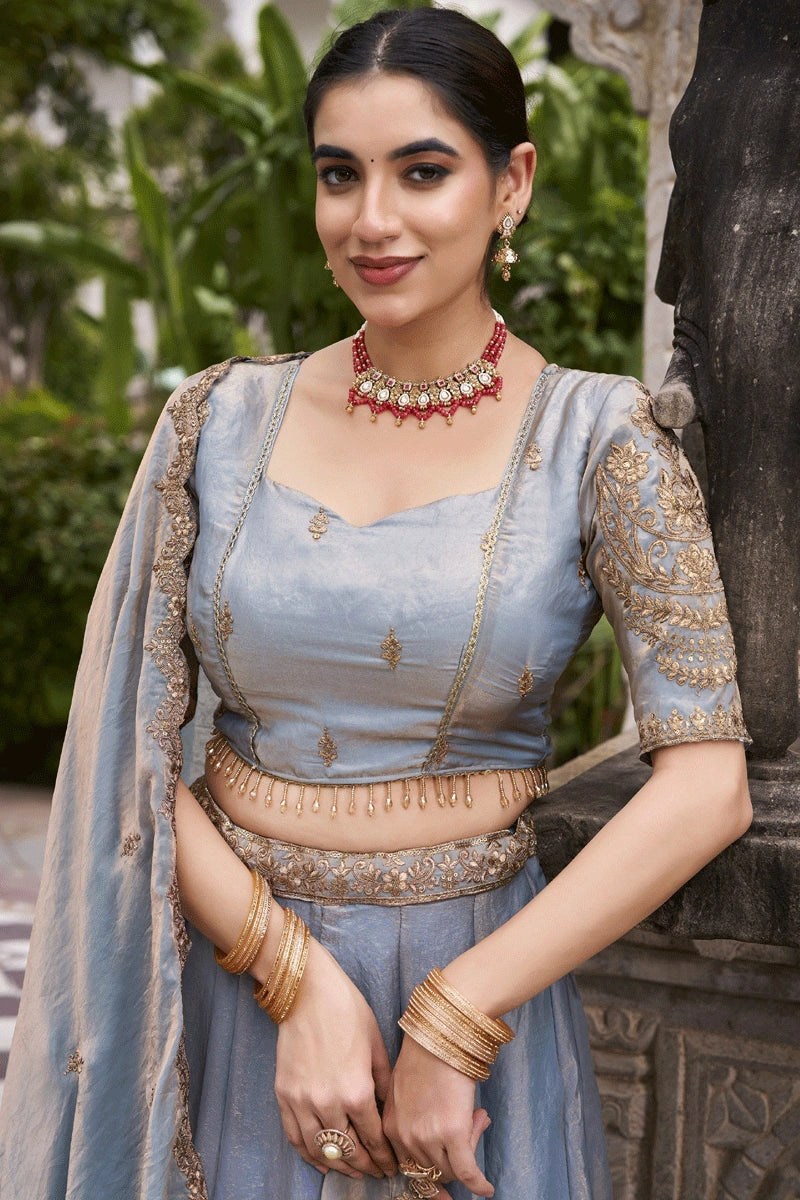 Sky Blue Color Embroidery Work Lehenga Choli For Wedding