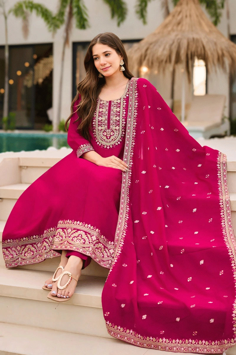 Heavy Embroidery Rani Pink Color Anarkali Suit For Diwali