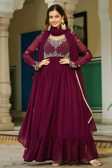 Long Sleeves Embroidery Work Wine Color Gown For Diwali