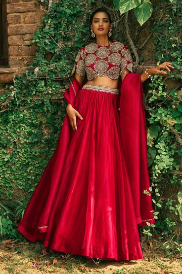 Red Roman Silk Lehenega For Wedding Sangeet