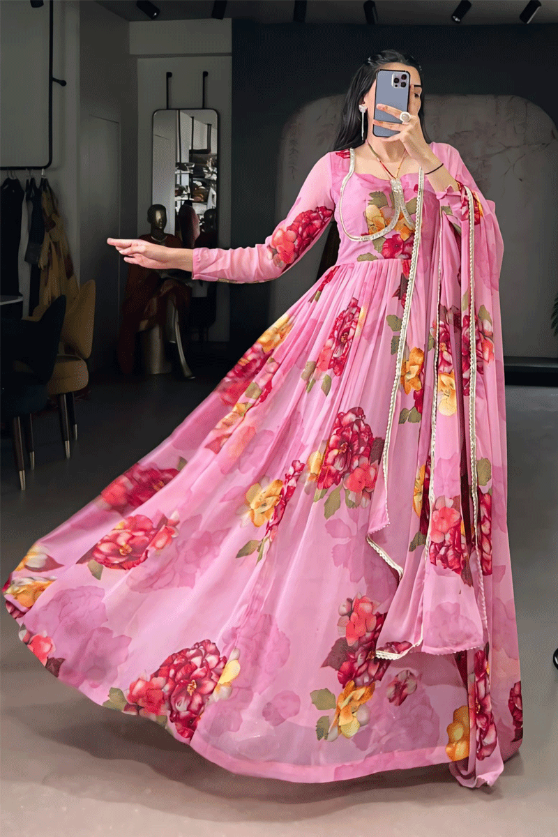 Pink Floral Print Gown With Dupatta For Girl