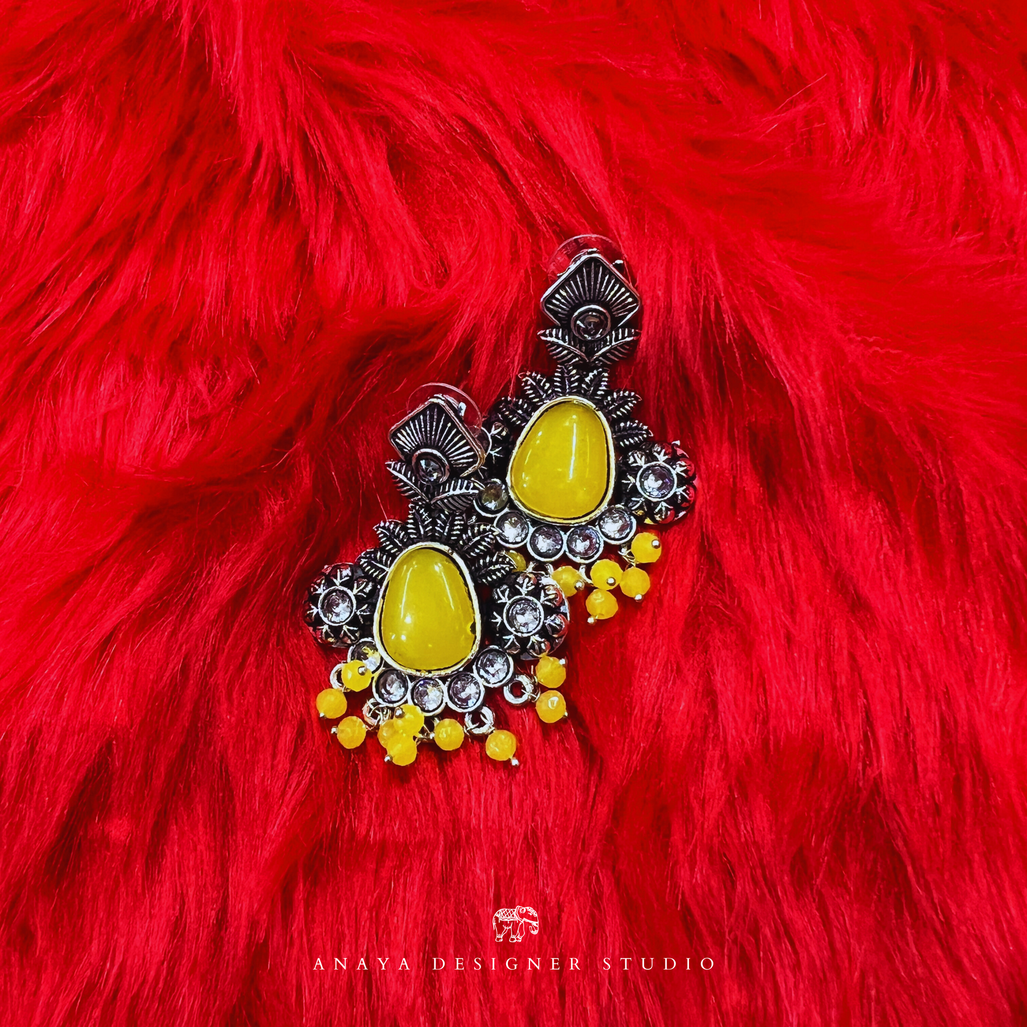 Yellow Stone Oxidised Earrings For Navratri