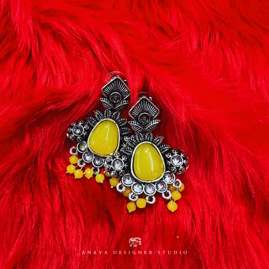 Yellow Stone Oxidised Earrings For Navratri