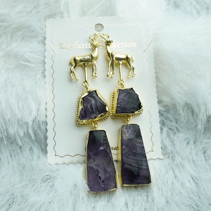Beautiful Golden Deer Design Purple Earrings