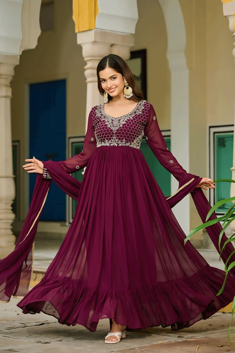 Long Sleeves Embroidery Work Wine Color Gown For Diwali