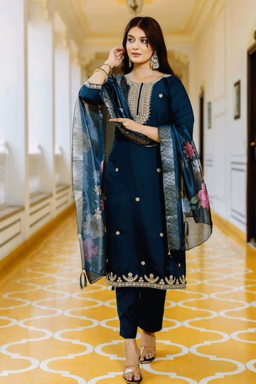 Designer Navy Straight Suit with Printed Dupatta