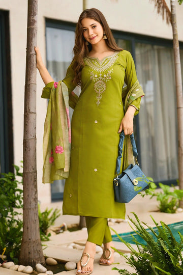 Parrot Green Embroidery Half Sleeve Kurti For Girls
