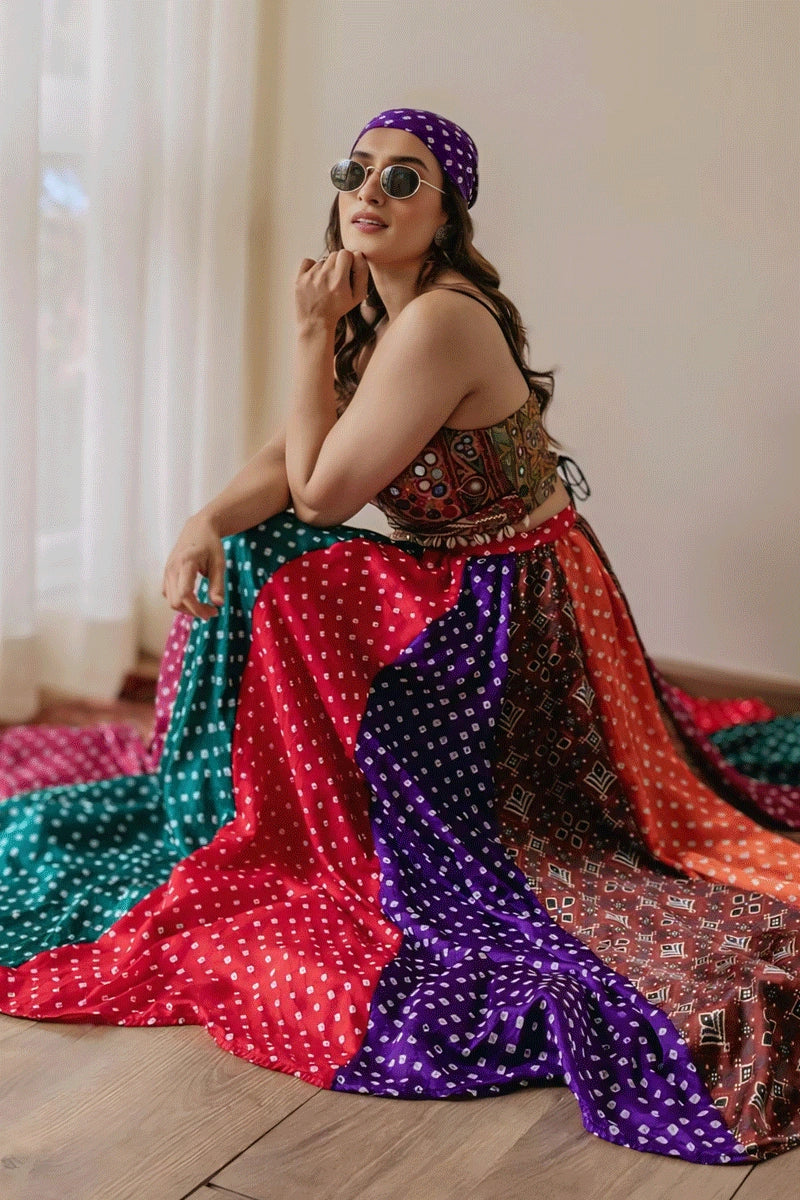 Fully Stitched Multicolor Gamthi Work Lehenga Choli For Navratri