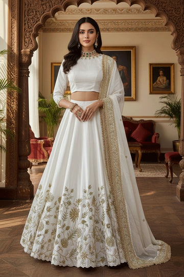Latest White Color Zari Work Lehenga Choli For Brother Wedding