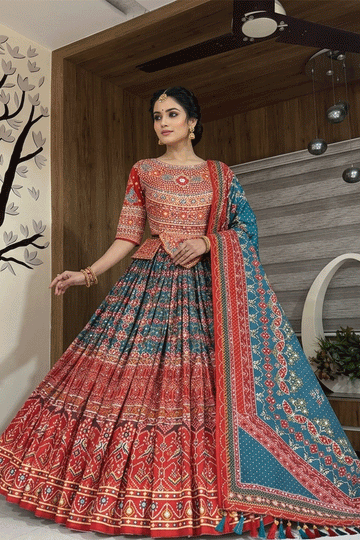 Designer Kutchi Printed With Real Mirror Work Multicolor Lehenga Choli For Navratri