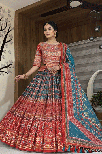 Designer Kutchi Printed With Real Mirror Work Multicolor Lehenga Choli For Navratri