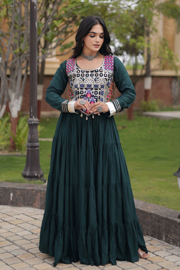 Navratri Special Real Mirror Work Green Color Gown For Women