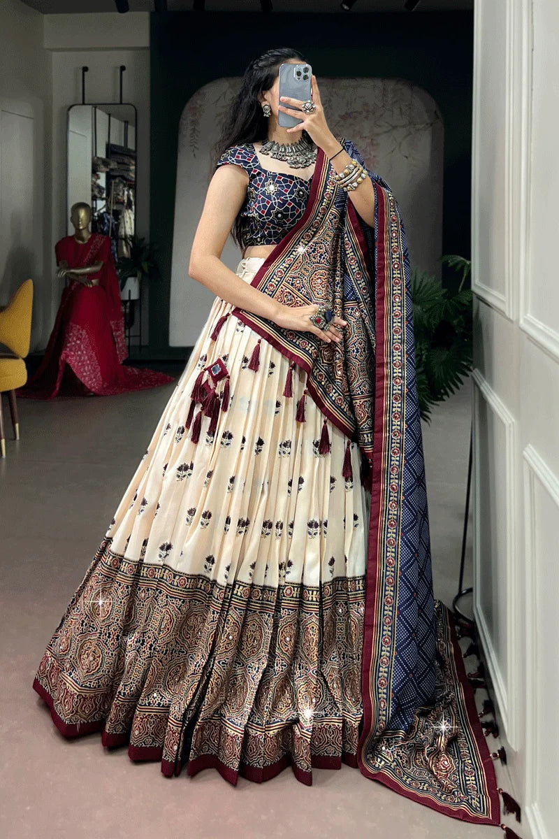 Traditional Ajrak print Off White Lehenga Choli For Wedding