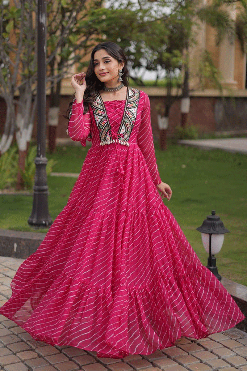 Navratri Special Pink Color Laheriya Print Work Gown For Women