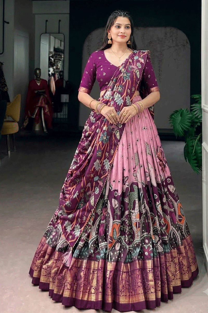 South Indian Style Kalamkari Print Half Saree For Women