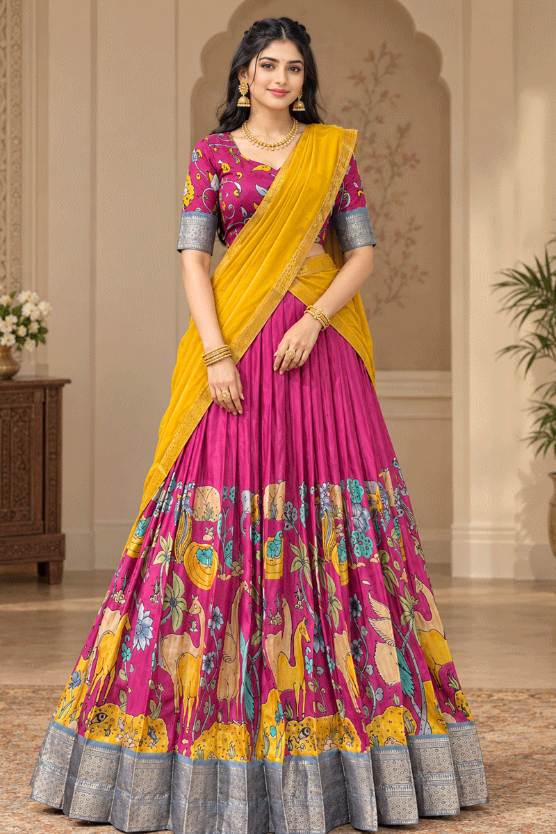 South Indian Style Kalamkari Print Multicolor Half Saree For Women