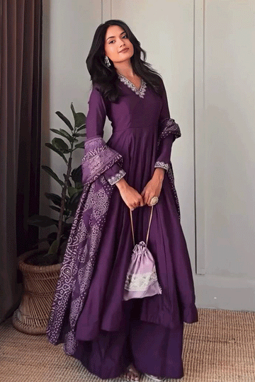 Wedding Wear Full Sleeves Purple Color Anarkali Suit