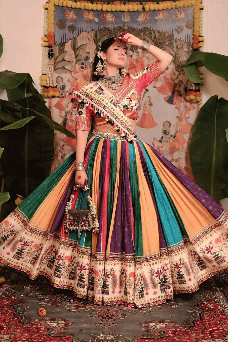 Digital Print Multicolor Real Mirror Work Chaniya Choli For Garba