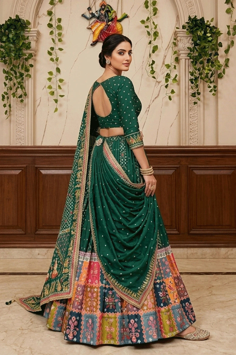 Green Color Bandhani Print Chaniya Choli For Garba