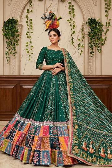Green Color Bandhani Print Chaniya Choli For Garba