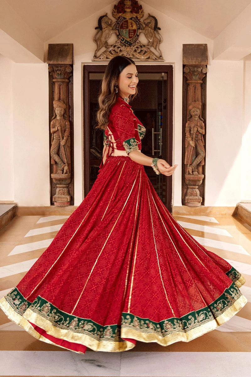 Fully Stithced Georgette Bandhej Print Red Color Chaniya Choli