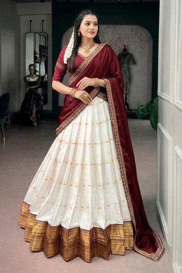 White And Maroon Combination Designer South Indian Half Saree