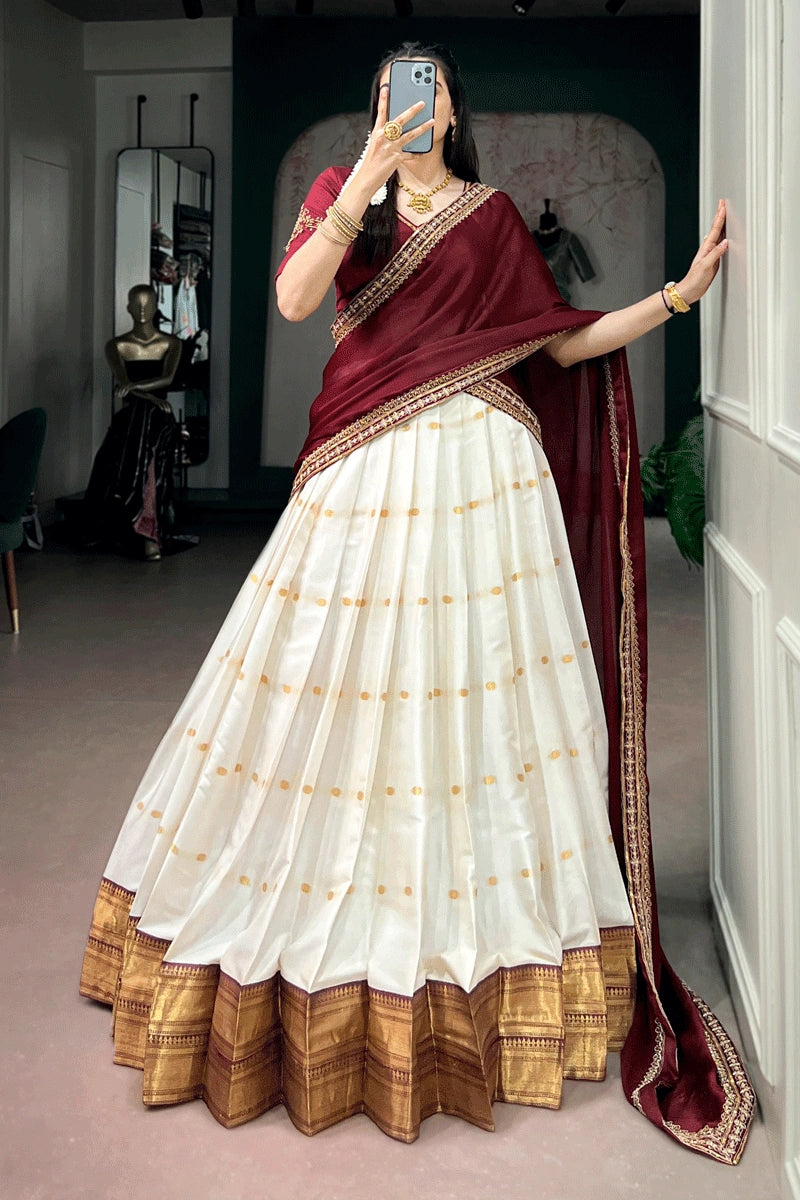 White And Maroon Combination Designer South Indian Half Saree