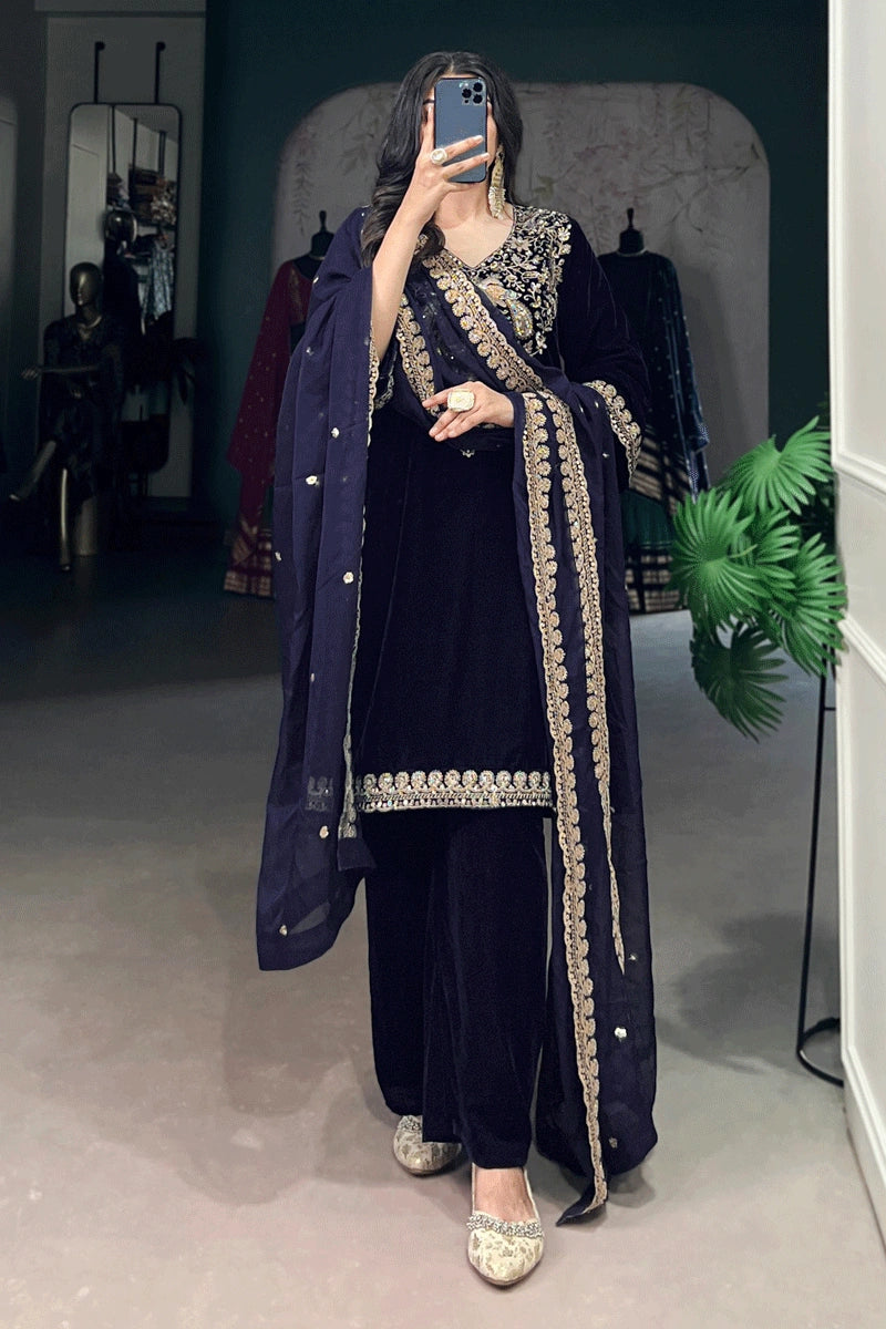 Traditional Navy Blue Velvet Dress With Dupatta