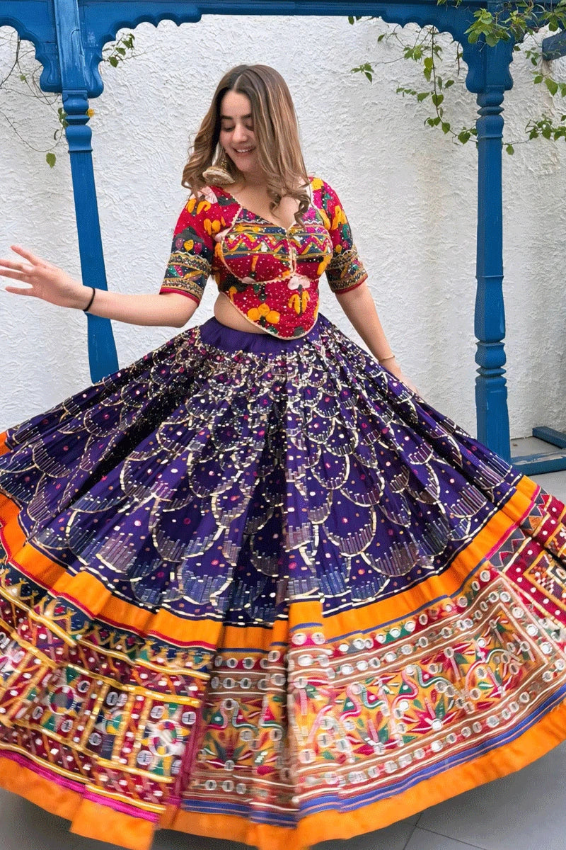 Real Mirror Work Digital Print Ghagra Choli For Garba