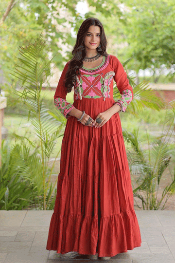 Latest Heavy Flair Embroidery Work Long Gown For Garba
