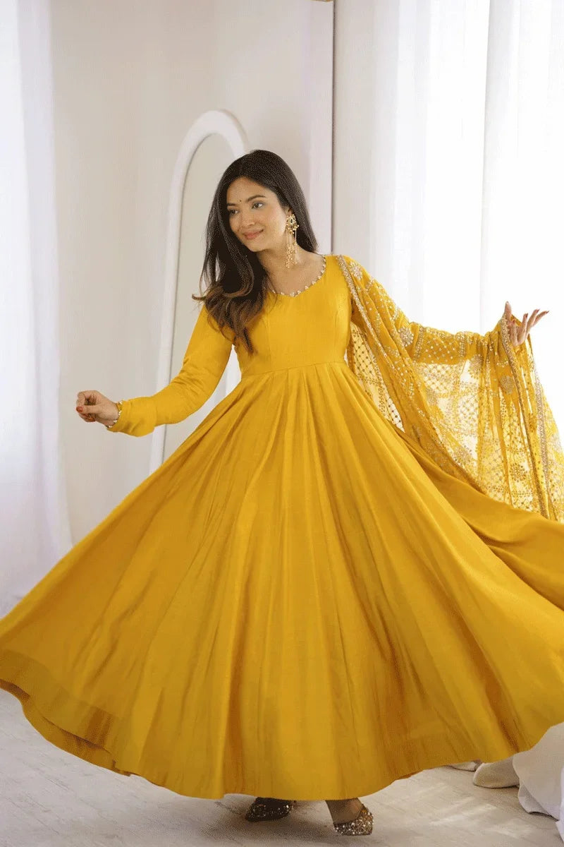 Haldi Function Special Floral Printed Fabric Anarakli Suit For Girl