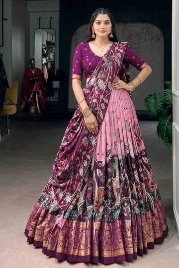 South Indian Style Kalamkari Print Half Saree For Women