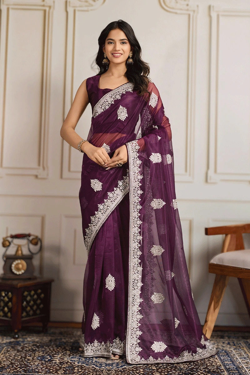 Designer Sequins  Embroidery Work Saree For Wedding